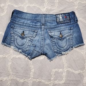 TRUE RELIGION Joey Patchwork Flap Pocket Cut Off Distressed Denim Shorts